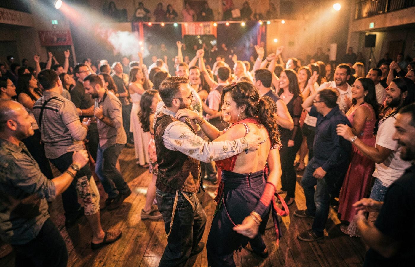 Dancers improvising in a packed festival hall