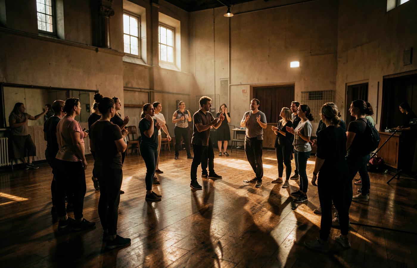 Dance masterclass in a large hall with a teacher and a circle of students